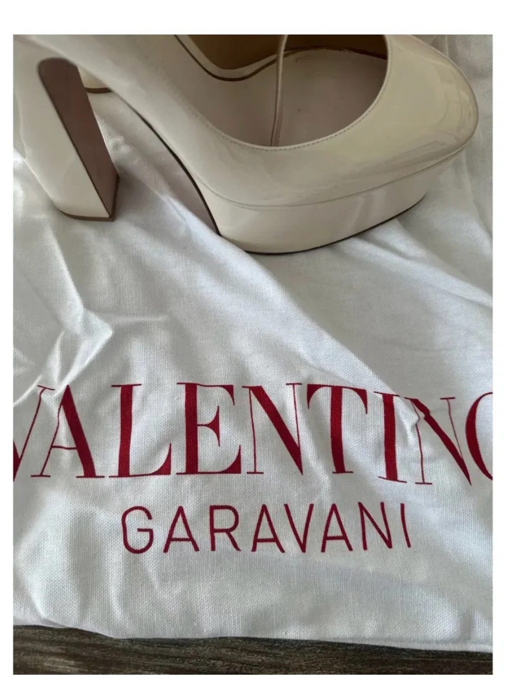 Valentino Garavani Cream Patent Platform Slingback Pumps